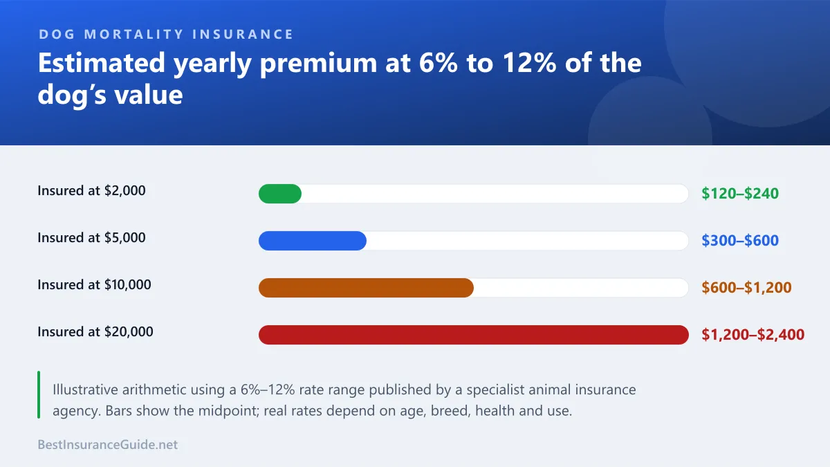 Estimated annual mortality insurance premium at 6% to 12% of value, for dogs insured at $2,000, $5,000, $10,000 and $20,000
