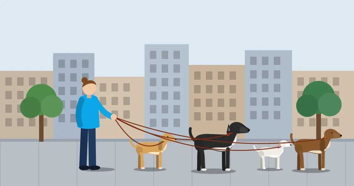 Illustration of a professional dog walker walking four dogs on leashes along a tree-lined city sidewalk