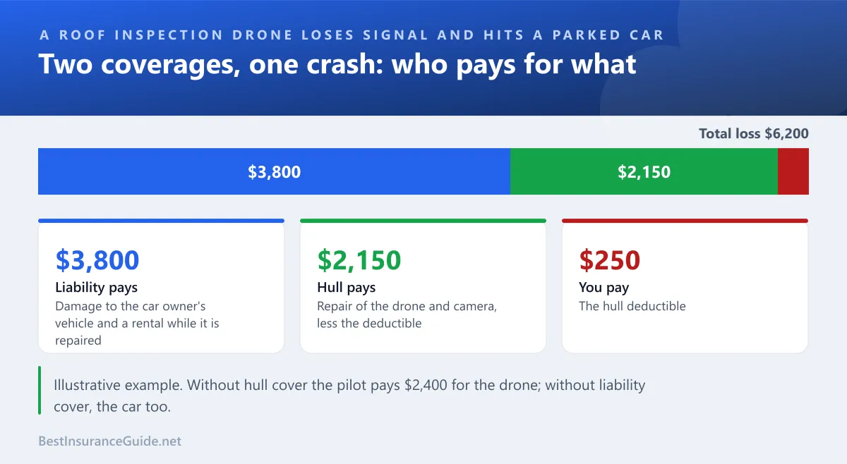 Split bar showing how a drone crash into a parked car is paid between liability insurance for the car and hull insurance for the drone