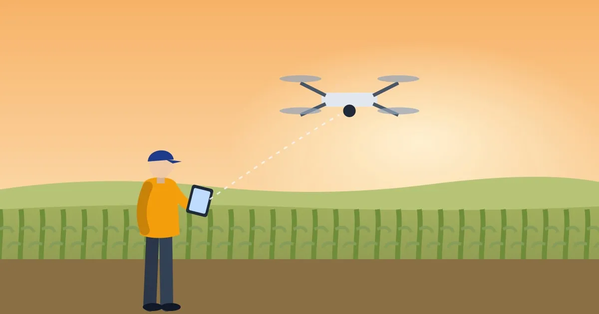 Illustration of a drone pilot flying a quadcopter over farmland at golden hour