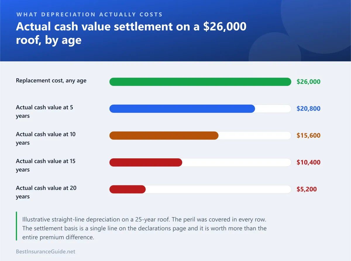 Bar chart showing how actual cash value settlement depreciates a dwelling claim compared with replacement cost, by the age of the component