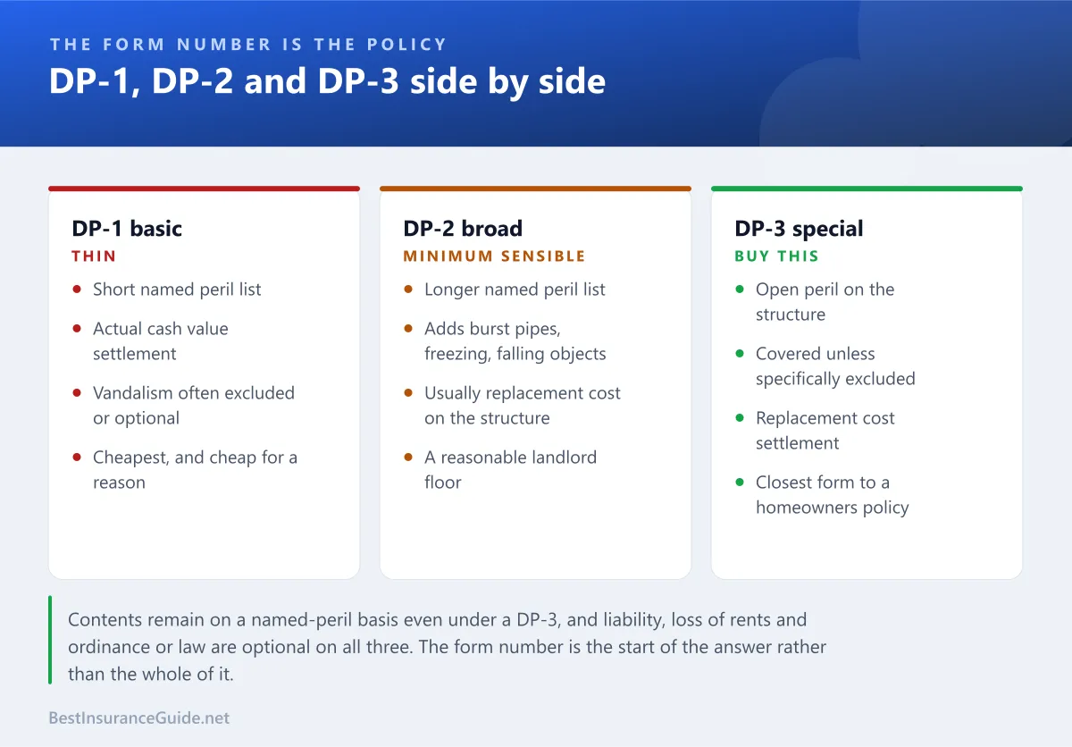 Comparison panel showing the three dwelling policy forms, DP-1, DP-2 and DP-3, and how their peril coverage and settlement basis differ