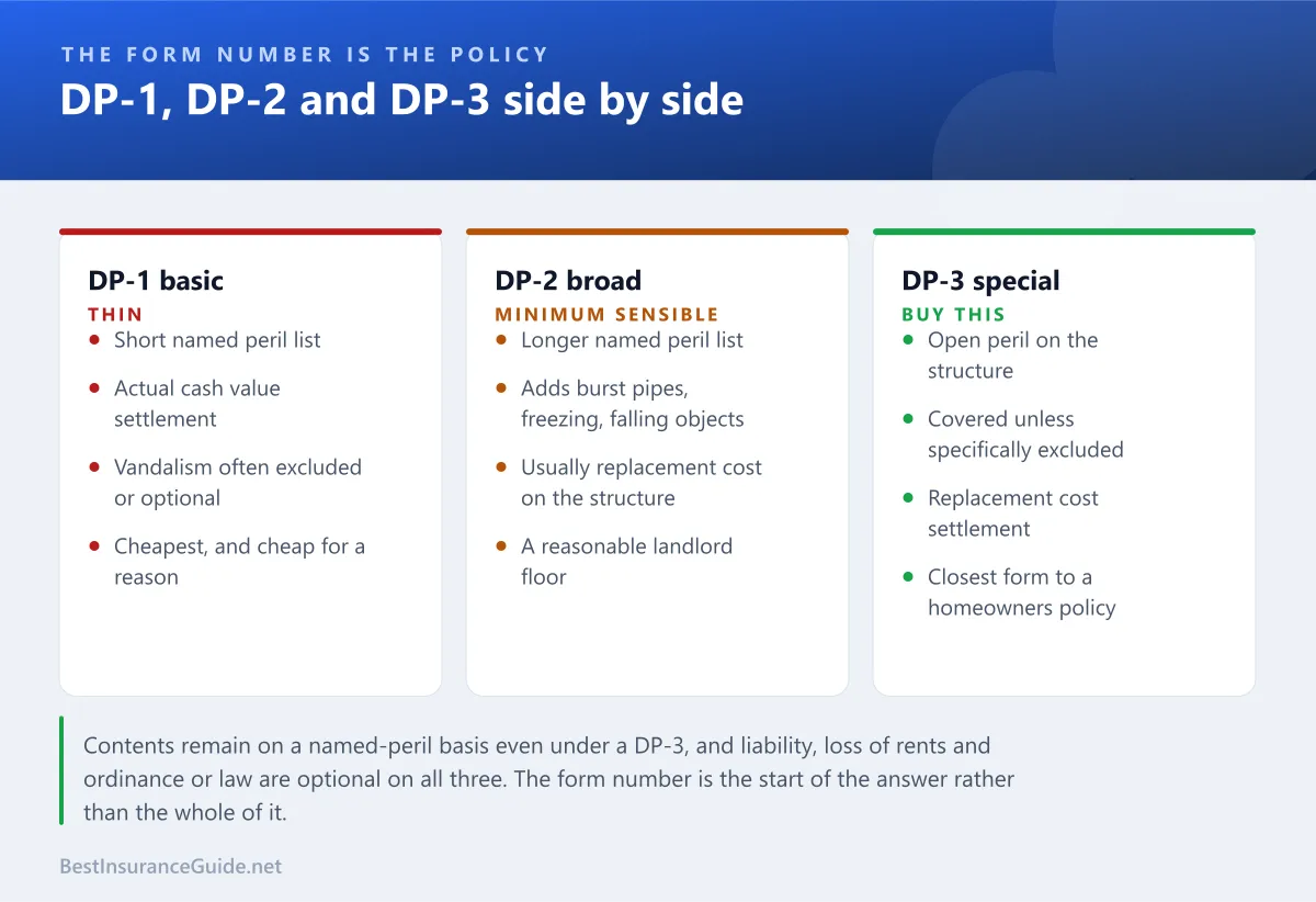 Comparison panel showing the three dwelling policy forms, DP-1, DP-2 and DP-3, and how their peril coverage and settlement basis differ