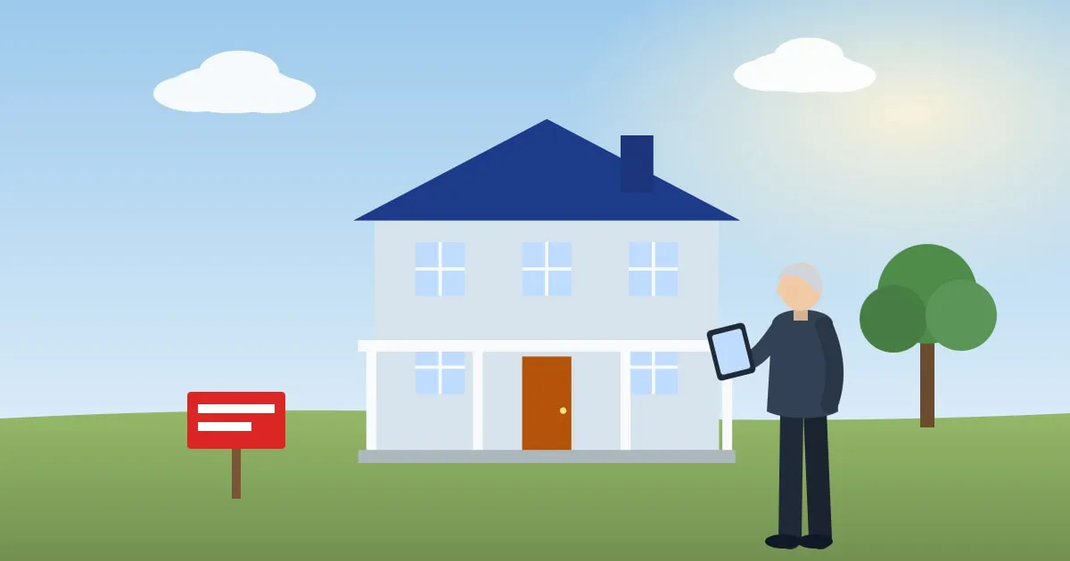 Illustration of a landlord inspecting a single-family rental house with a for-rent sign in the yard