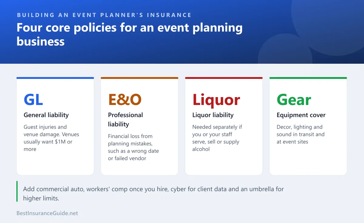 Statistics panel showing the four core insurance policies for an event planning business