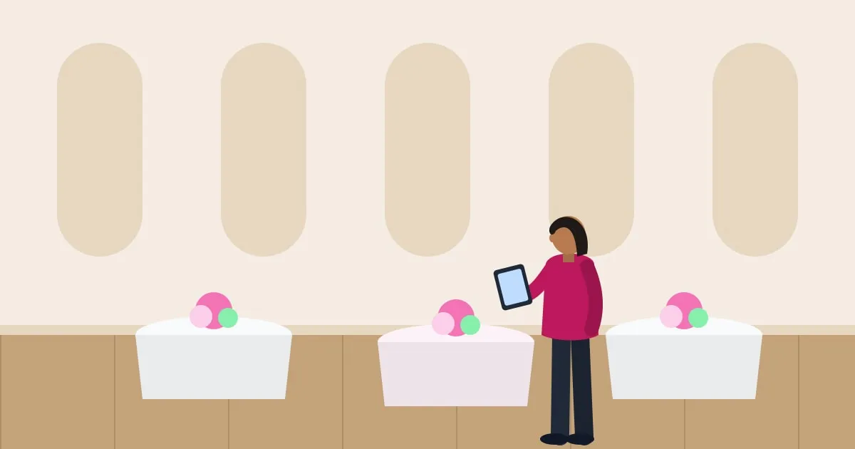 Illustration of an event planner with a tablet directing setup in a reception hall with round tables and floral centerpieces