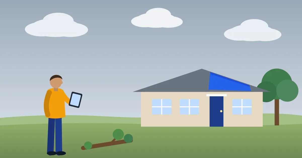 Illustration of a homeowner photographing storm damage outside a house with a blue tarp on the roof and a fallen tree branch in the yard