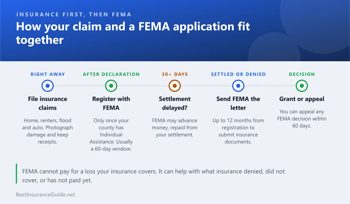 Timeline of how FEMA and insurance work together after a disaster, from filing your insurance claim to sending FEMA your settlement
