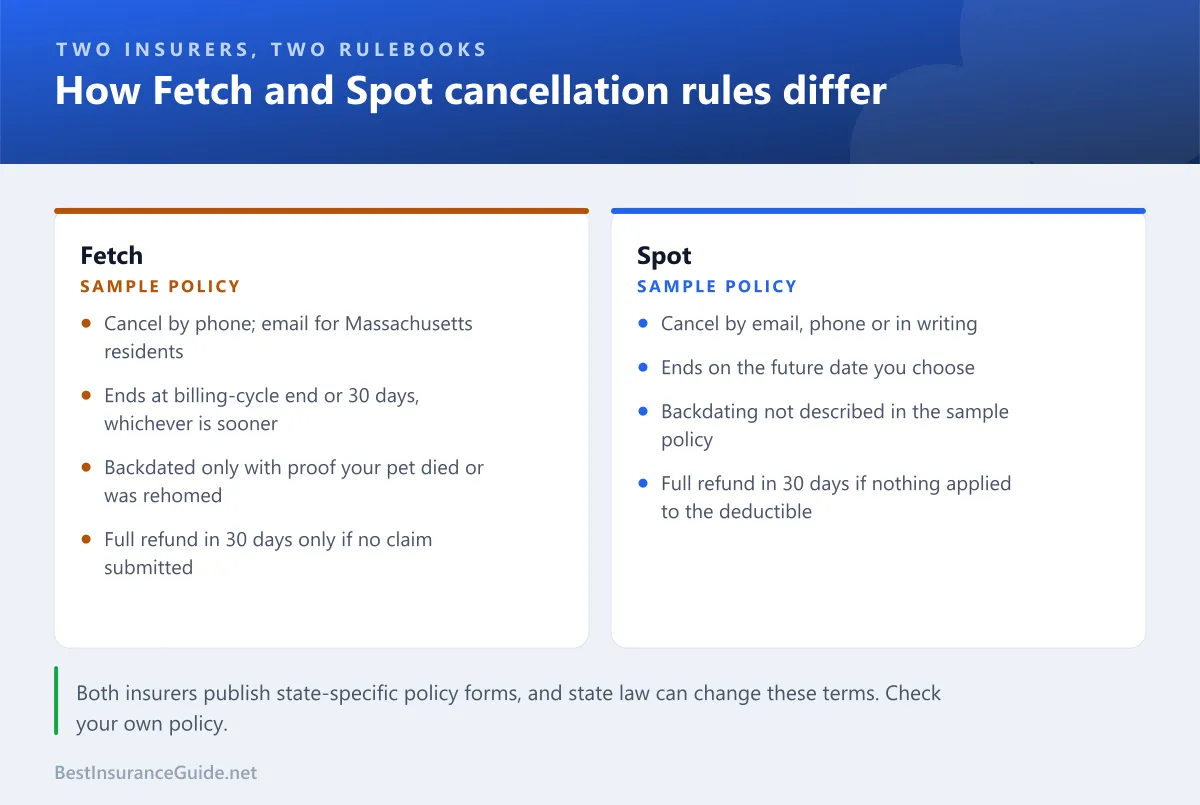 Comparison of Fetch's and Spot's cancellation rules, including how you cancel, when cancellation takes effect and what is refunded