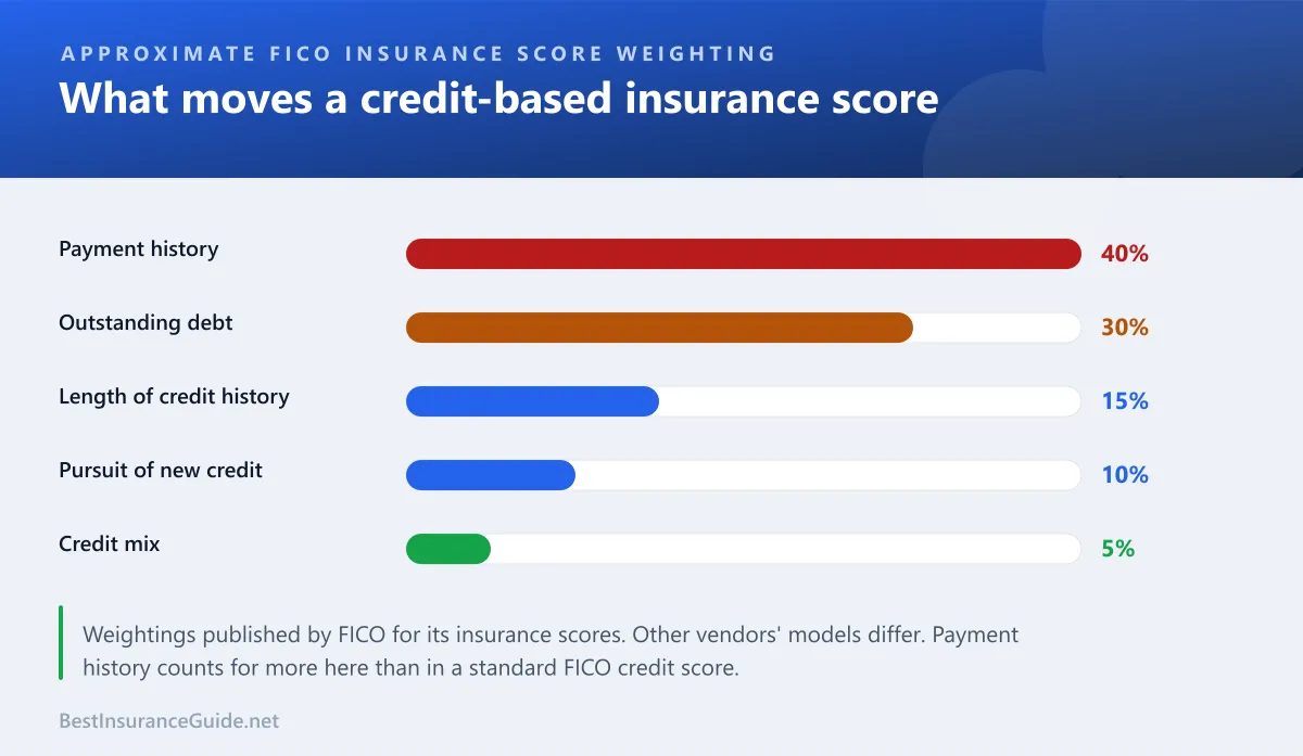 Bar chart of the approximate weighting of the five categories in a FICO insurance score