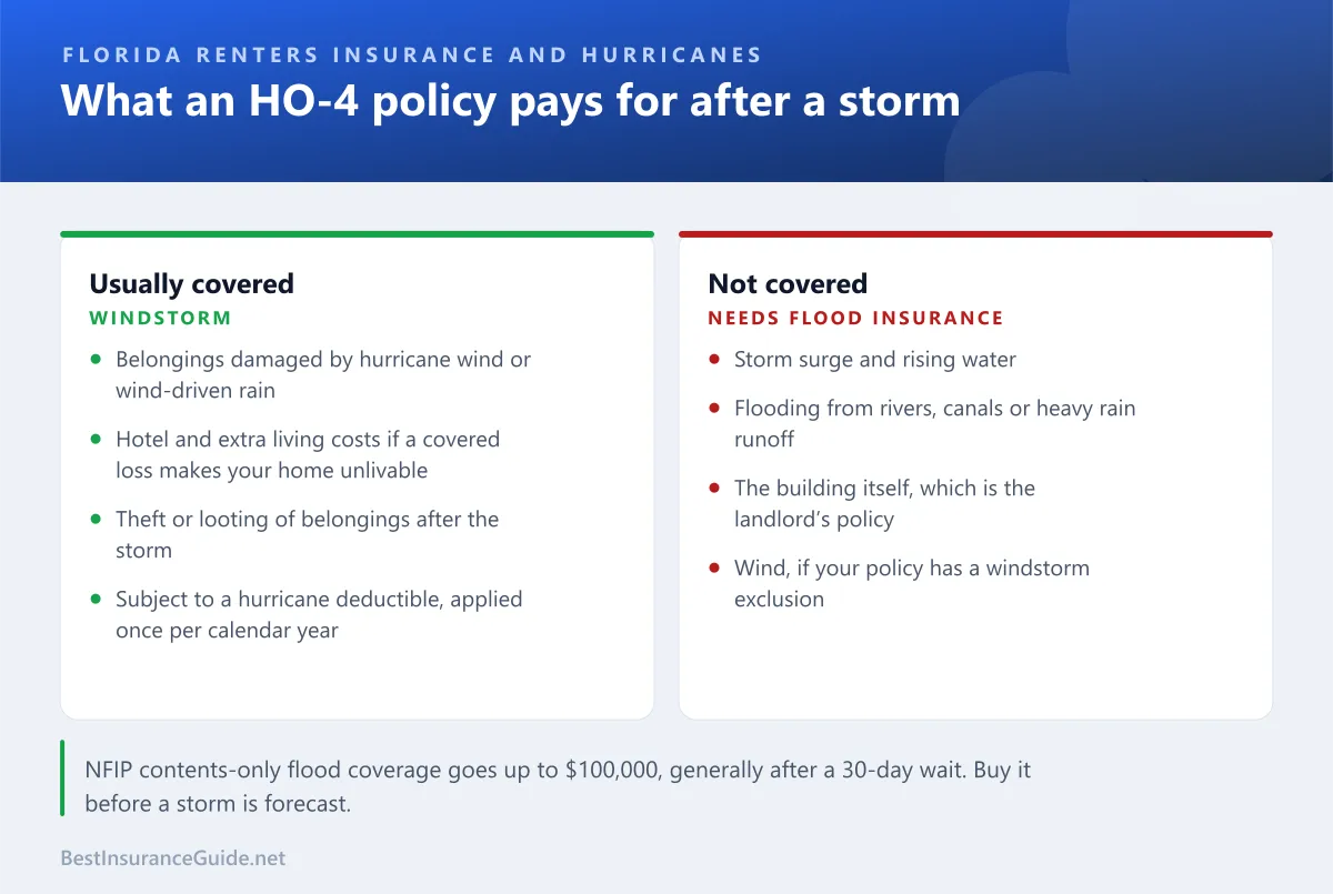 Diagram of what a Florida renters policy covers after a hurricane, from wind damage to belongings to flood exclusions