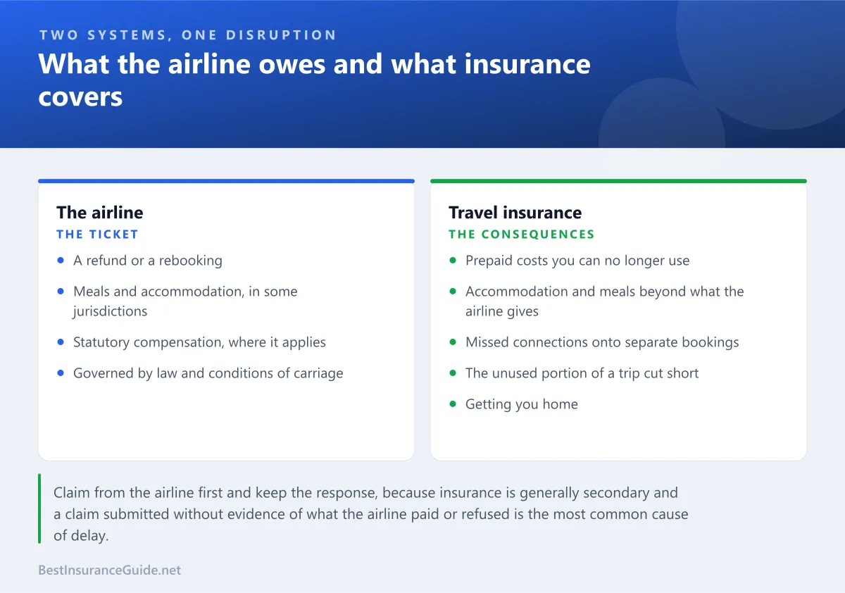 Comparison panel showing what the airline is responsible for after a cancelled flight and what travel insurance covers