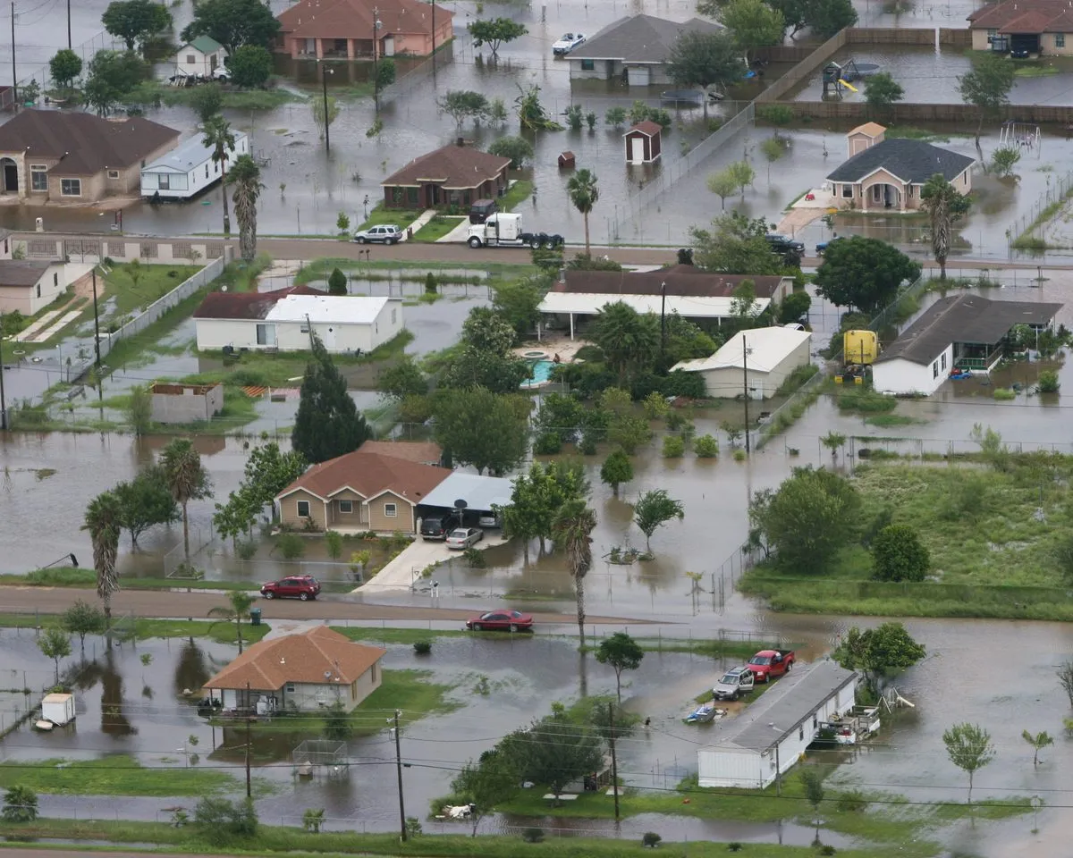 Aerial view of a residential neighborhood surrounded by floodwater in Raymondville, Texas