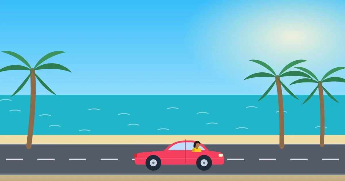 Illustration of a convertible driving along a Florida coastal highway lined with palm trees and turquoise water