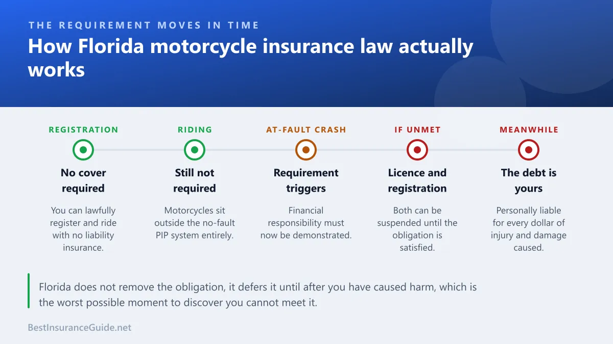 Timeline showing how Florida motorcycle financial responsibility applies after an at-fault crash rather than before registration