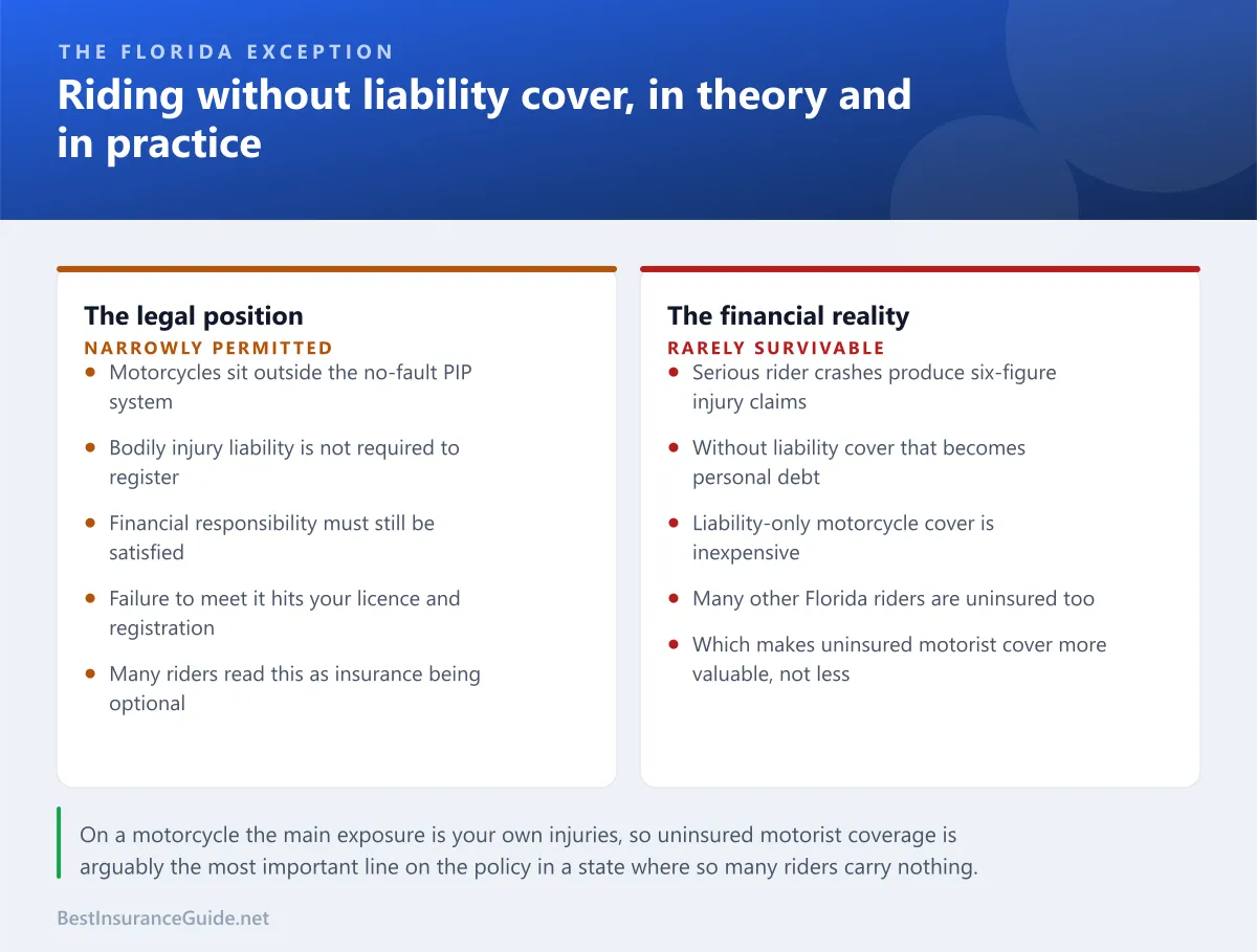 Comparison panel weighing riding uninsured in Florida against carrying liability cover, showing the legal position and the personal financial exposure