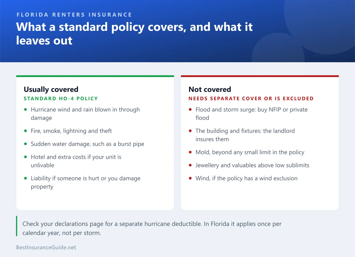 Comparison of what a standard Florida renters policy usually covers, including hurricane wind, fire, theft, burst pipes, living expenses and liability, and what it leaves out, including flood and storm surge, the building, mold beyond small limits, valuables above sublimits and wind where excluded