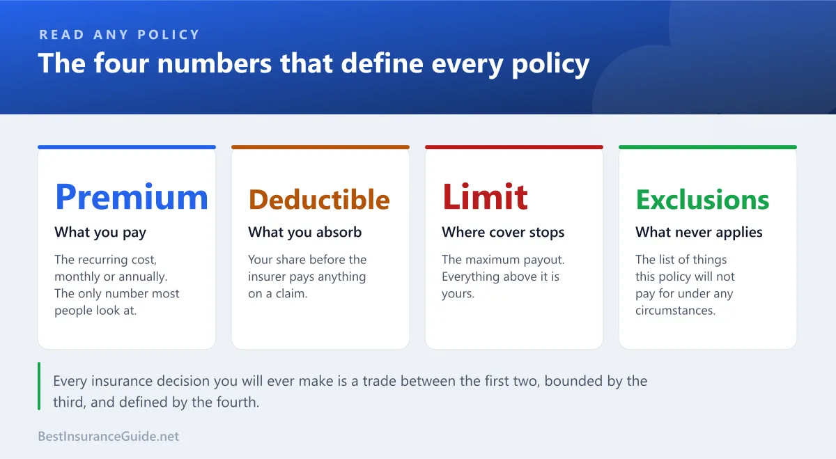 Panel showing the four numbers that define every policy: premium, deductible, limit, and exclusions