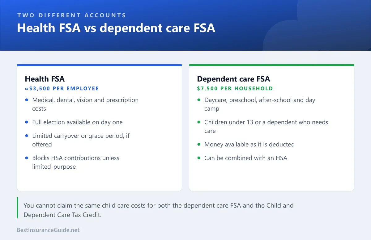 Comparison of the health FSA and the dependent care FSA, including 2027 limits, what each covers and how unused money is treated