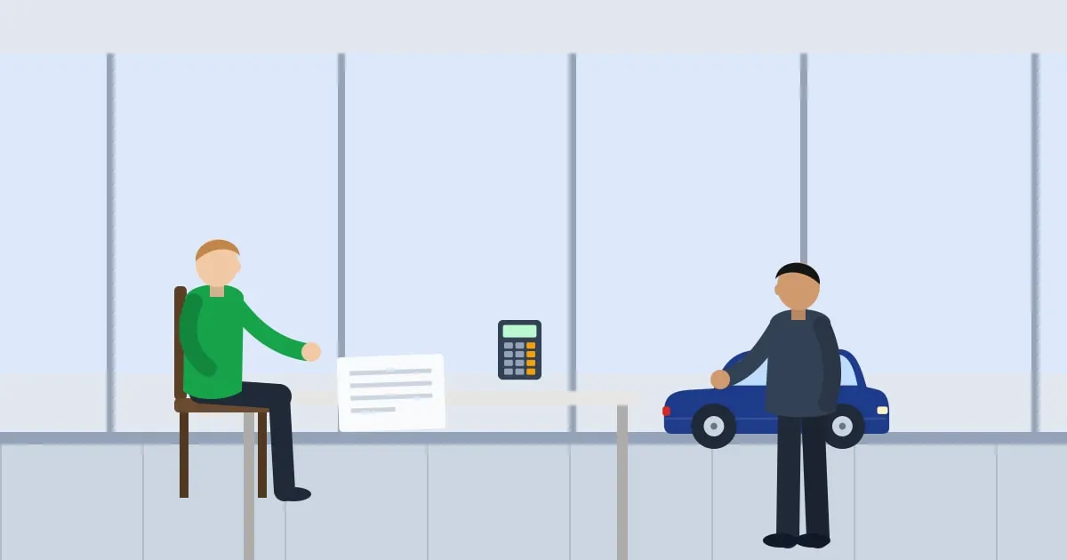 Illustration of a buyer signing a car loan contract at a dealership desk with a new car in the showroom behind