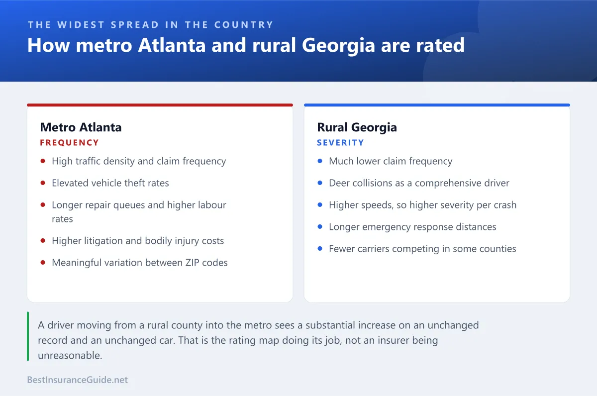 Comparison panel showing how metro Atlanta and rural Georgia are rated differently for car insurance, and which factors drive each