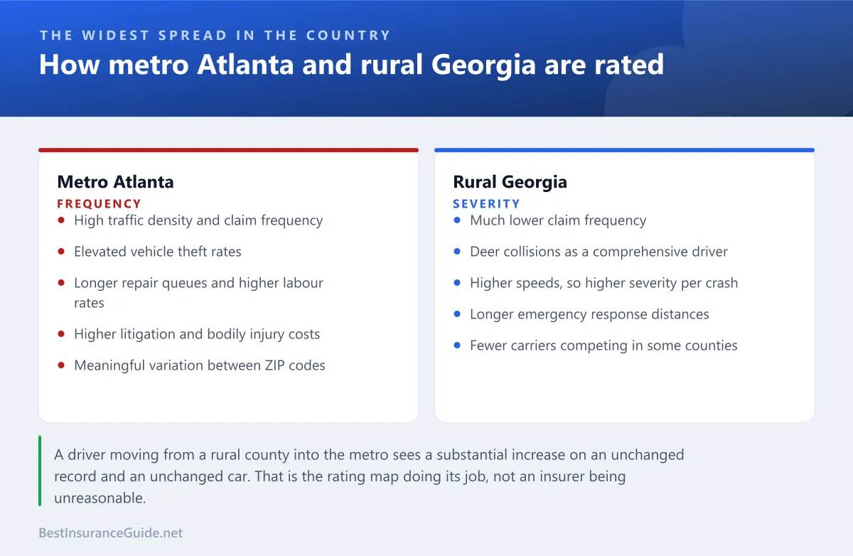 Comparison panel showing how metro Atlanta and rural Georgia are rated differently for car insurance, and which factors drive each