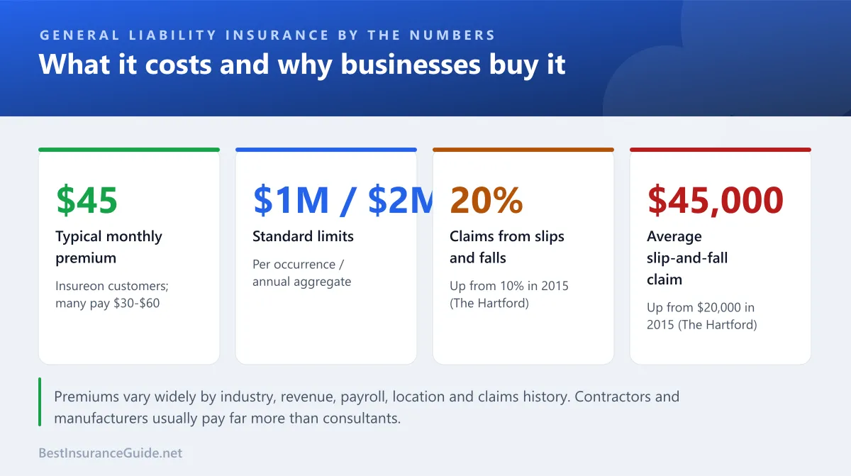 Statistics panel showing a typical $45 monthly general liability premium, standard $1 million and $2 million limits, slip-and-fall claims at 20% of claims and an average slip-and-fall cost of $45,000