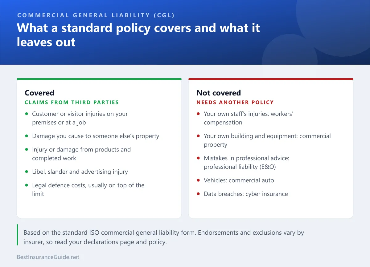Comparison of what a commercial general liability policy covers, such as customer injuries and property damage, and what it leaves to other policies, such as employee injuries and professional mistakes
