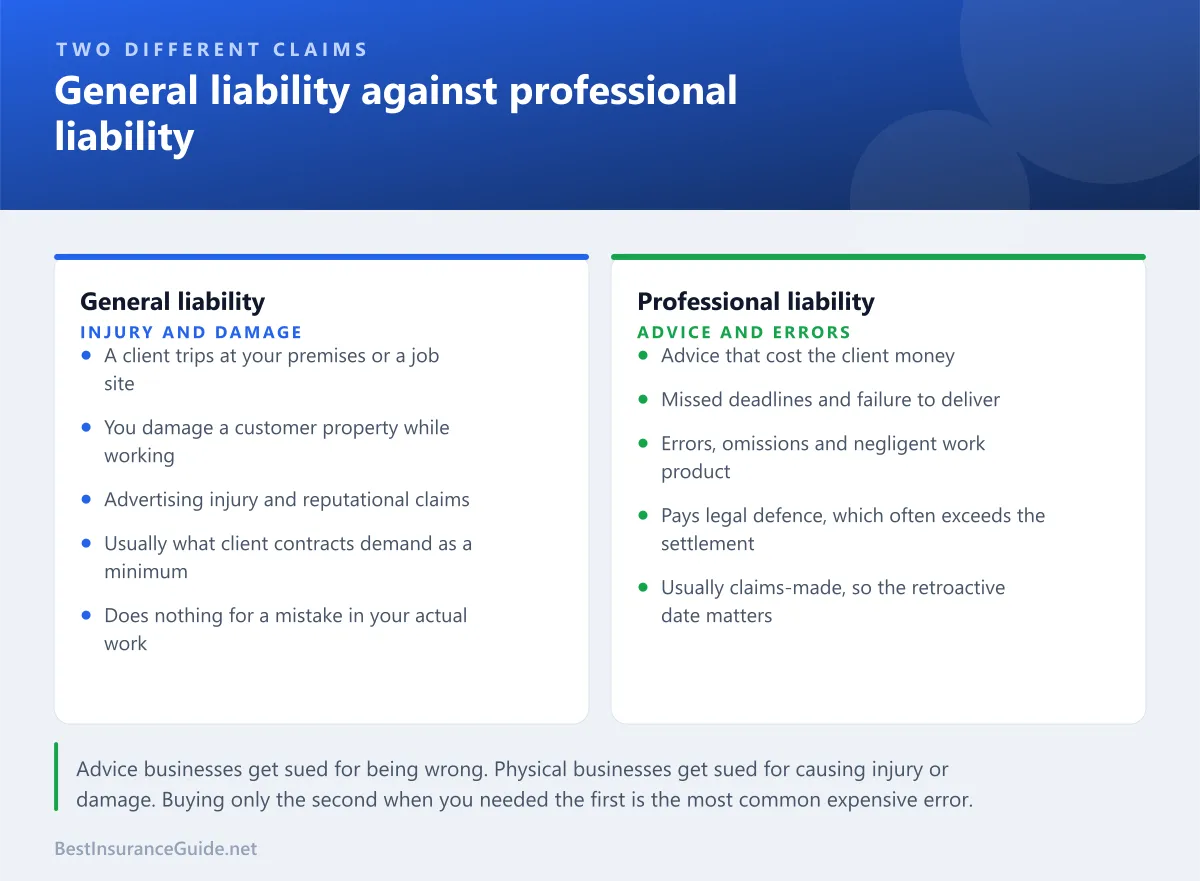 Comparison panel showing general liability against professional liability, with the kinds of claim each responds to