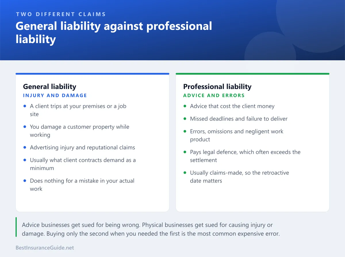 Comparison panel showing general liability against professional liability, with the kinds of claim each responds to