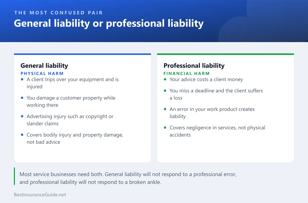 Comparison of general liability covering physical harm against professional liability covering financial harm