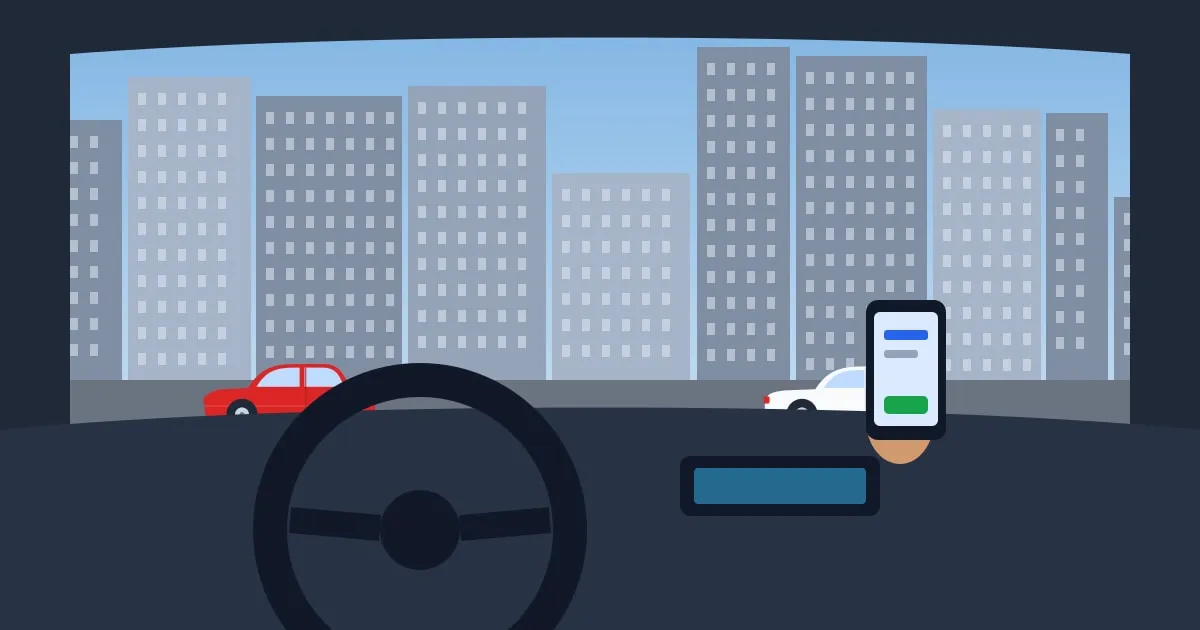Illustration of a driver in a parked car buying a car insurance policy on a smartphone
