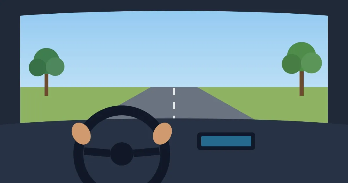 Illustration of a careful driver’s hands on the steering wheel at ten and two on a clear suburban road