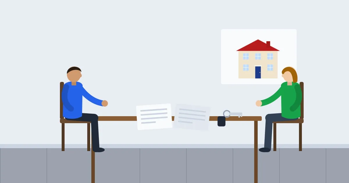 Illustration of a couple signing mortgage closing documents at a table with the keys to their new home