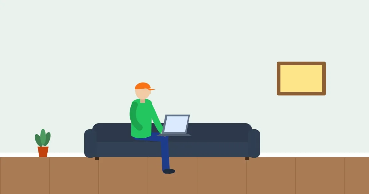 Illustration of a young adult browsing health plans on a laptop on the couch
