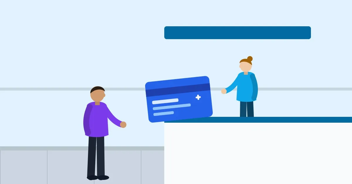 Illustration of a patient handing their health insurance card to a clinic receptionist