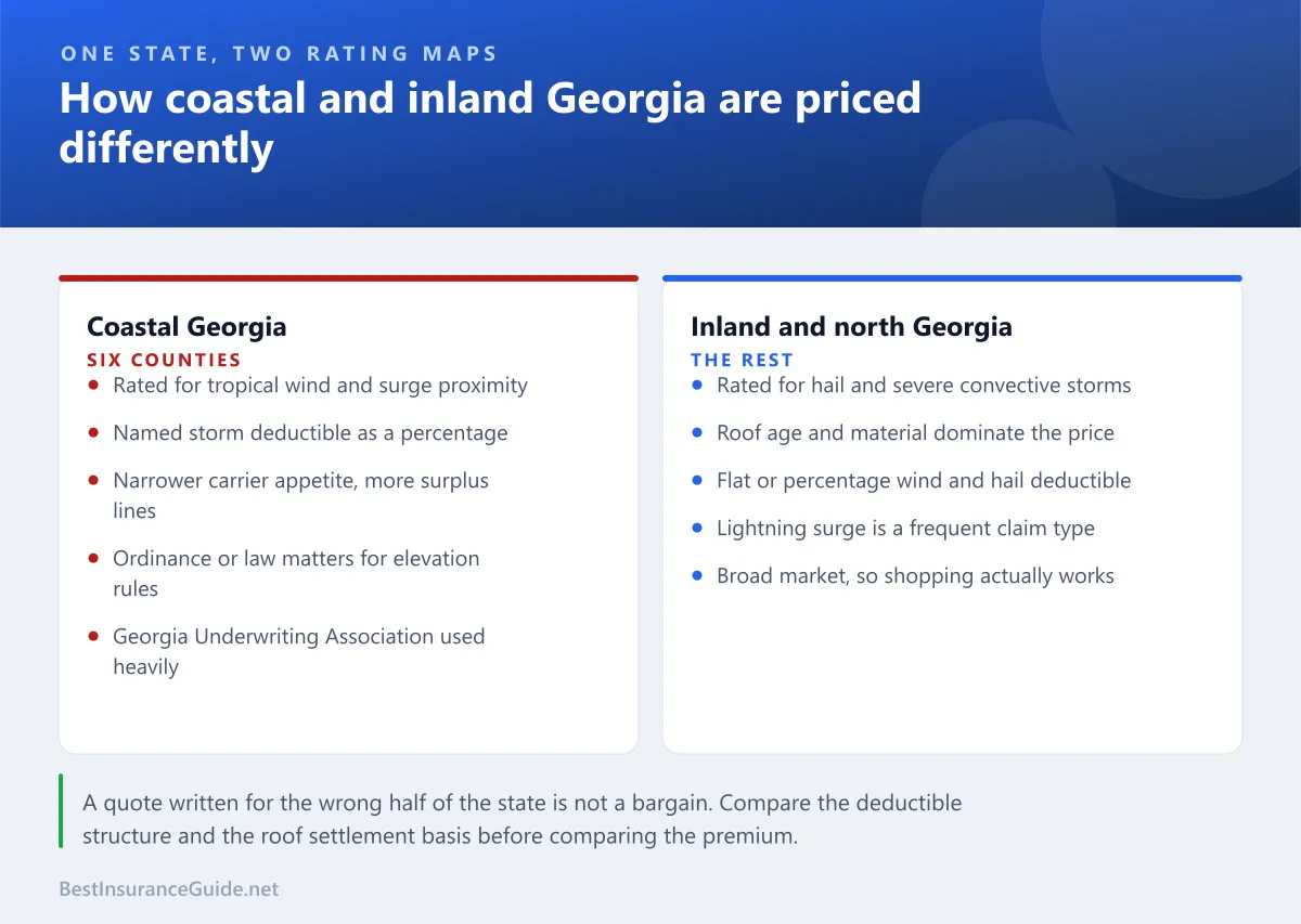 Comparison panel showing how coastal Georgia and inland Georgia are rated for completely different risks, with different deductible structures
