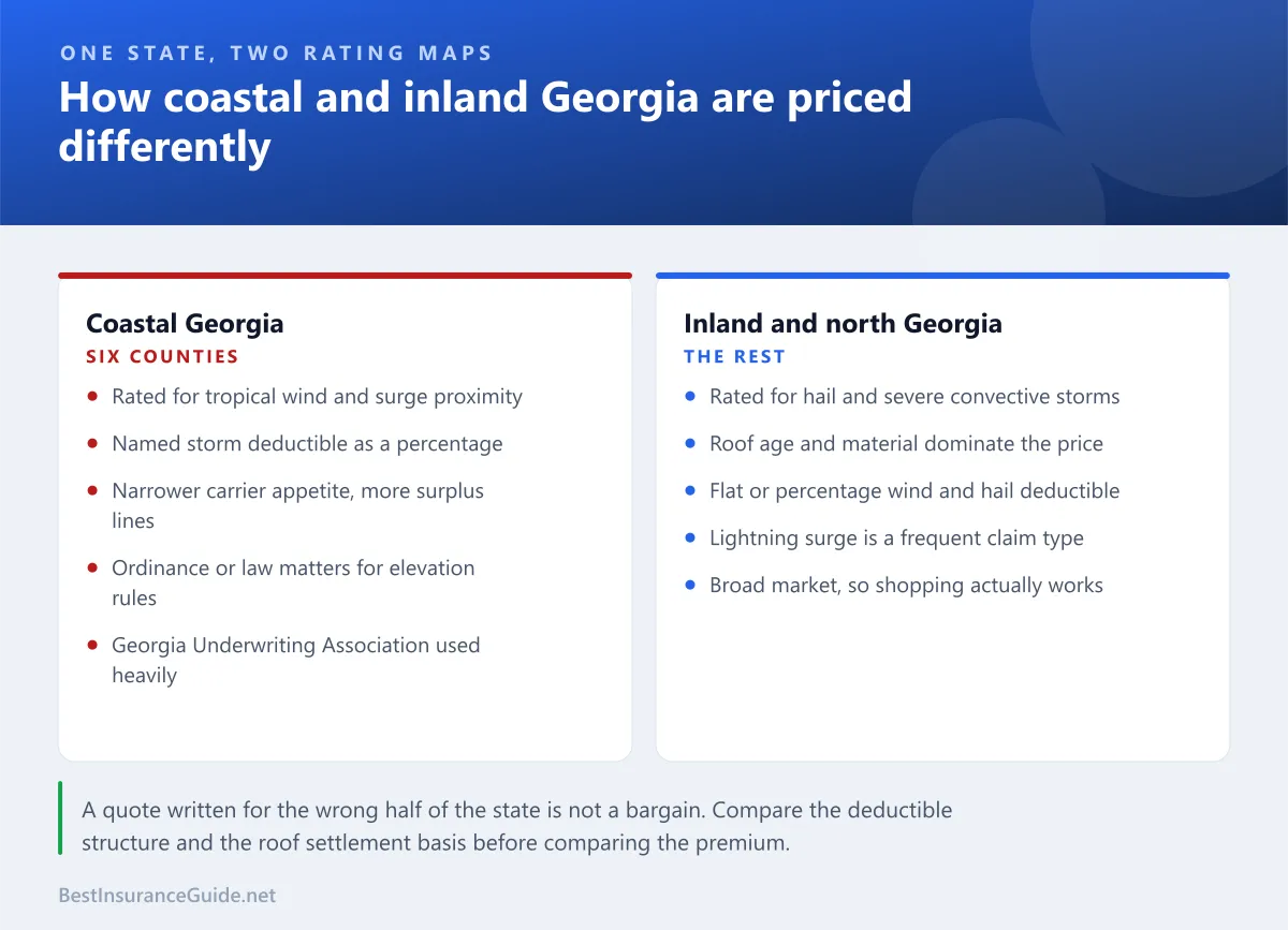 Comparison panel showing how coastal Georgia and inland Georgia are rated for completely different risks, with different deductible structures