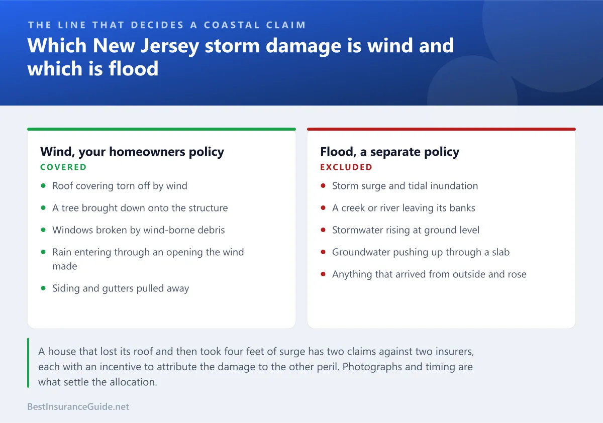 Comparison panel showing which New Jersey storm damage falls on a homeowners policy as wind and which falls outside it as flood
