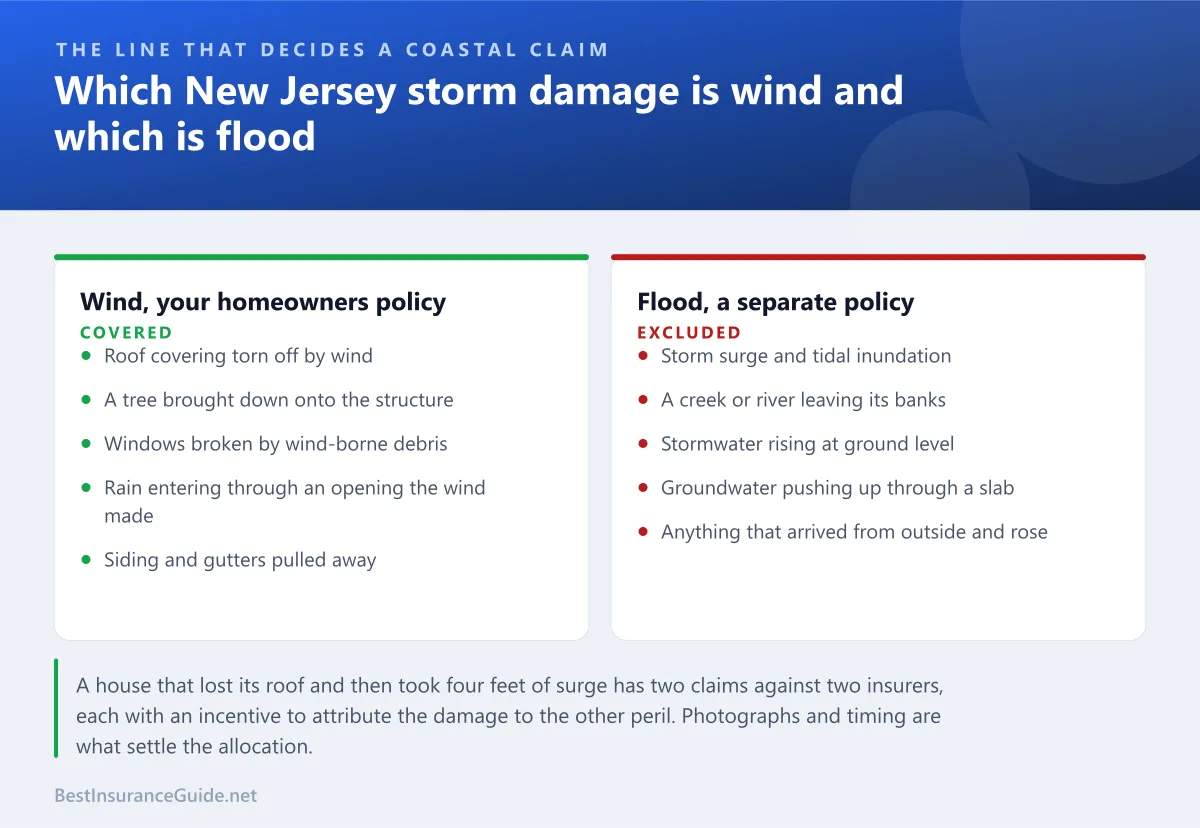 Comparison panel showing which New Jersey storm damage falls on a homeowners policy as wind and which falls outside it as flood