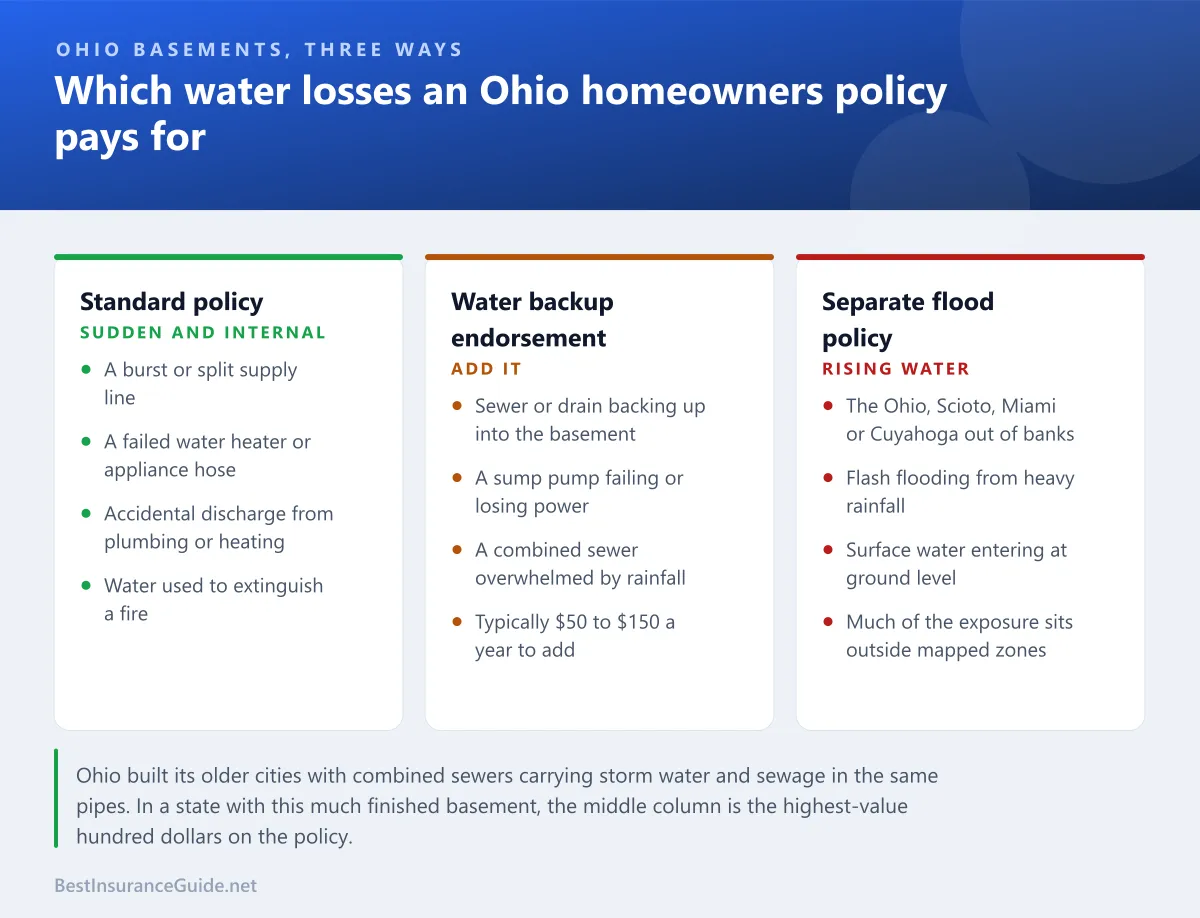 Comparison panel showing which water losses an Ohio homeowners policy covers as standard, which need the water backup endorsement, and which need separate flood insurance