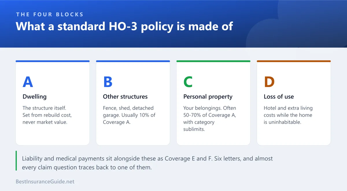 Panel showing the four property coverages in a standard home policy: A for dwelling, B for other structures, C for personal property, and D for loss of use