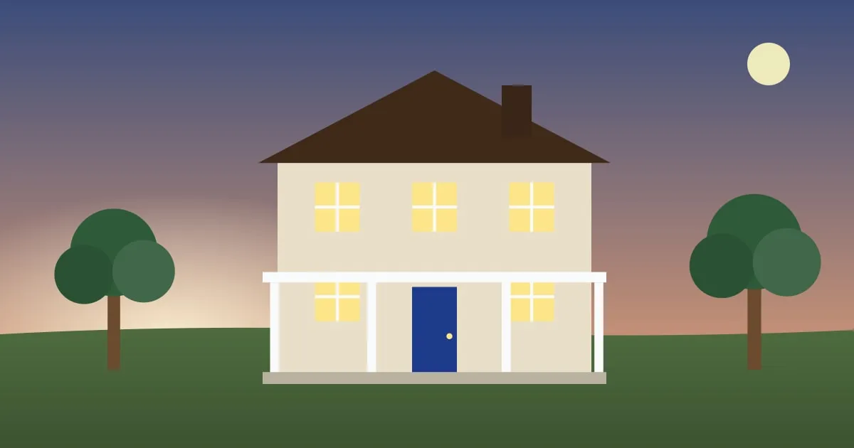 Illustration of a cozy two-story family home at dusk with warm lights glowing in the windows