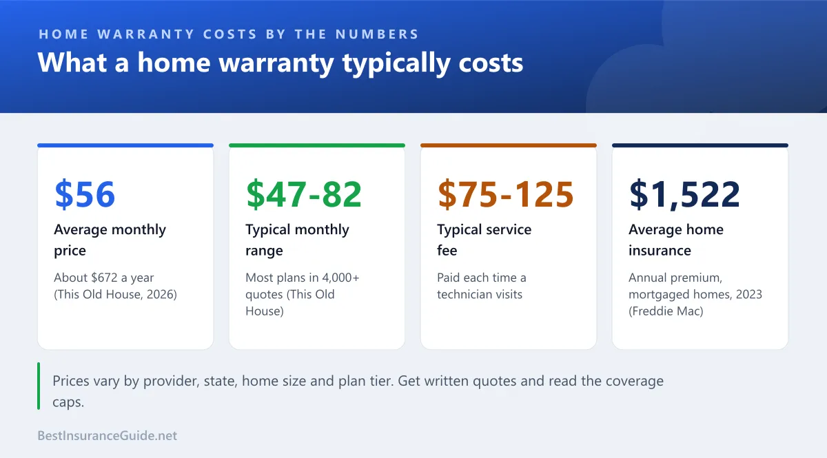 Key numbers: average home warranty price of $56 a month, typical range of $47 to $82 a month, service fees of $75 to $125 per visit, and average home insurance of $1,522 a year