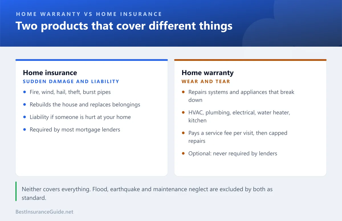 Comparison of home insurance, which covers sudden damage and liability, and a home warranty, which covers systems and appliances that wear out