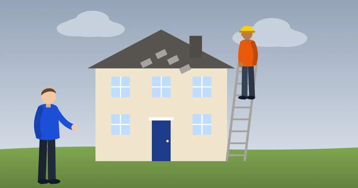 Illustration of a roofer on a ladder inspecting storm-damaged shingles while the homeowner watches from the yard