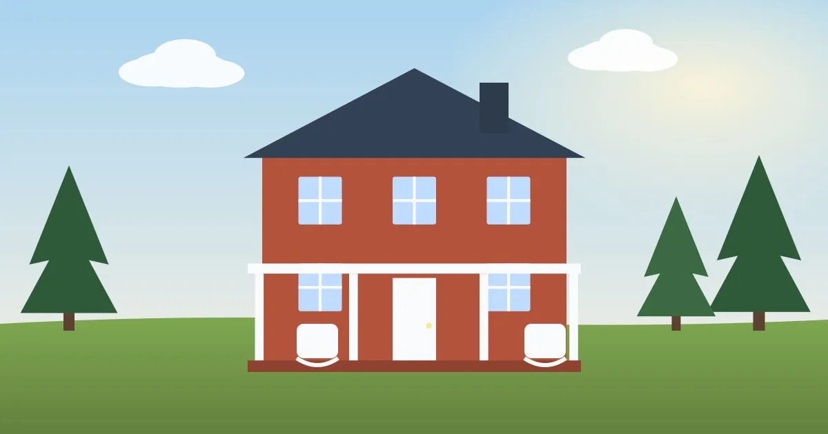Illustration of a brick Southern home with a wide front porch and rocking chairs beneath tall pine trees