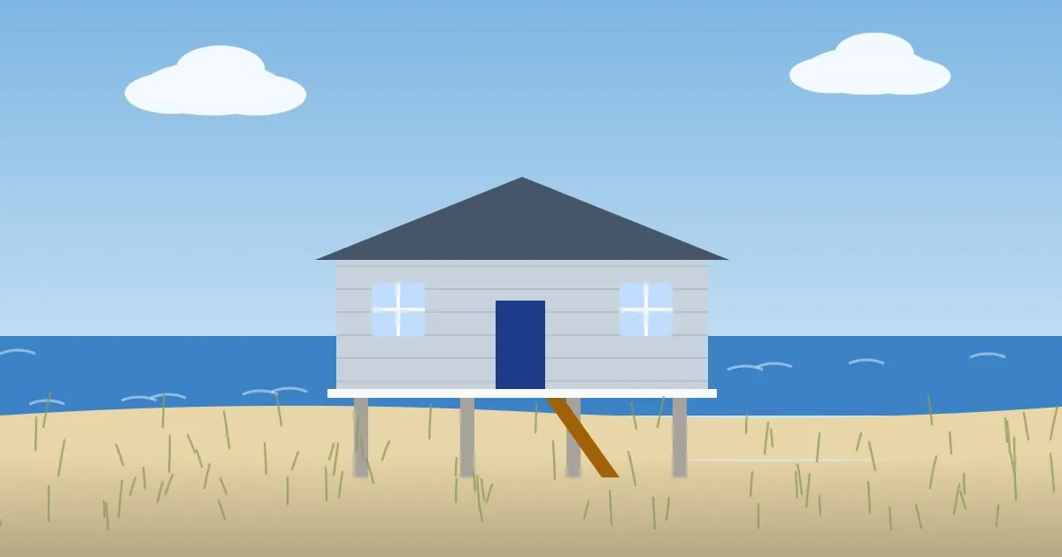 Illustration of a raised shingle-sided shore home with dune grass and the ocean behind on a breezy day