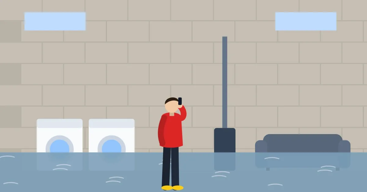 Illustration of a flooded finished basement with a washer and a sump pump, water across the floor