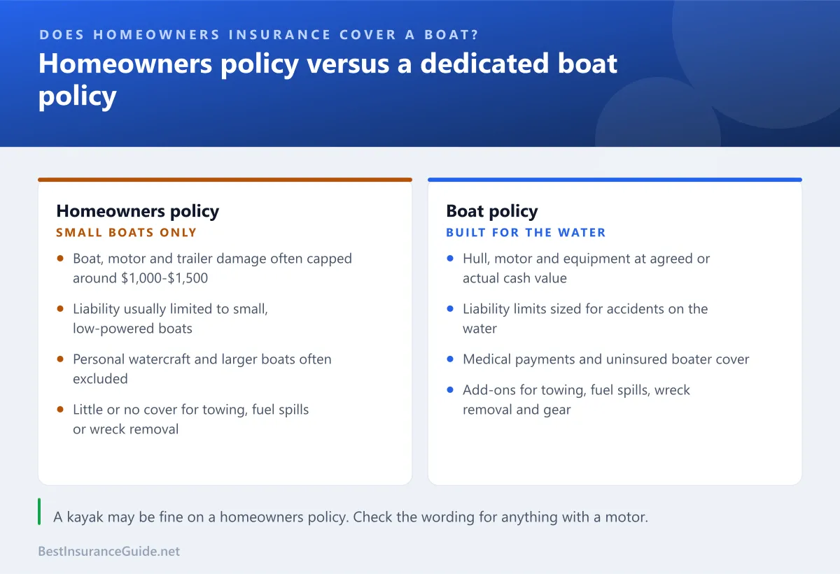 Comparison of what a homeowners policy typically covers for a boat and what a dedicated boat policy covers